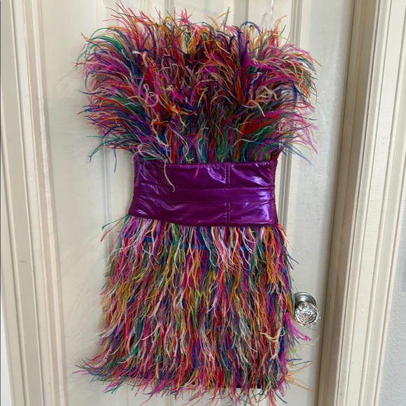 AKIRA Dresses & Skirts - Colorful Feathered Dress with Purple Band